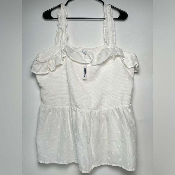 Old Navy White Smocked Tank Top Peplem Ruffle Embroidered Strapy Sleeve XXL Tall - Picture 1 of 8